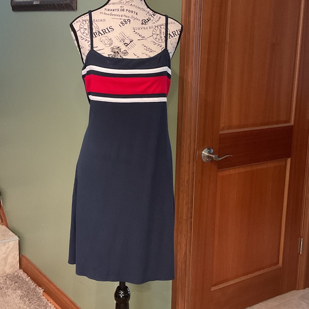 Hollister Navy Dress with Red and White Stripes, Size L